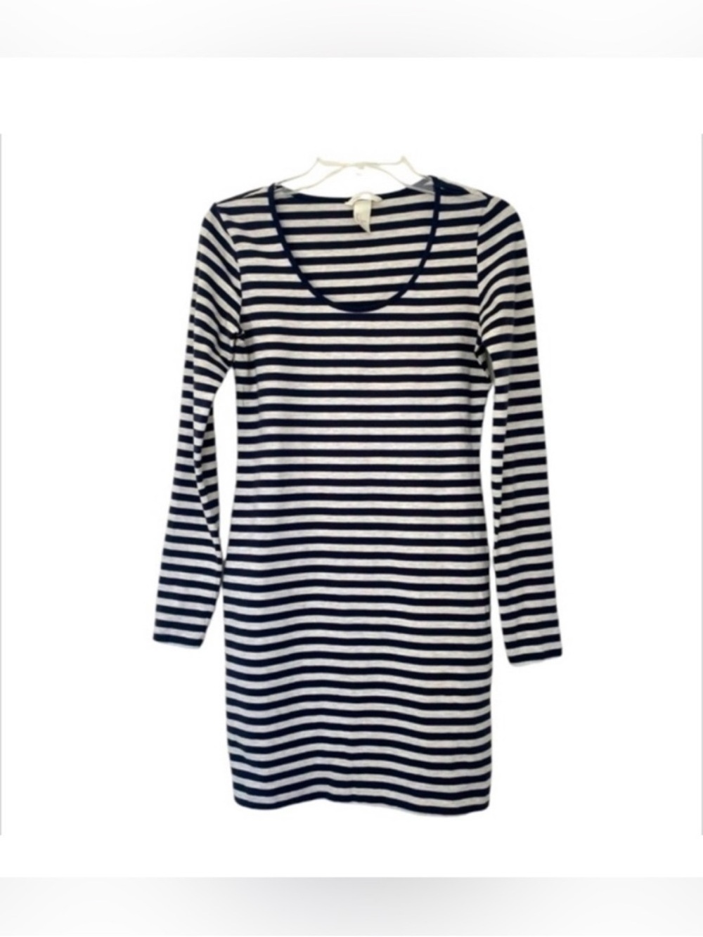 New H& M Striped Long Sleeve Scoop Neck Bodycon Dress Navy Gray